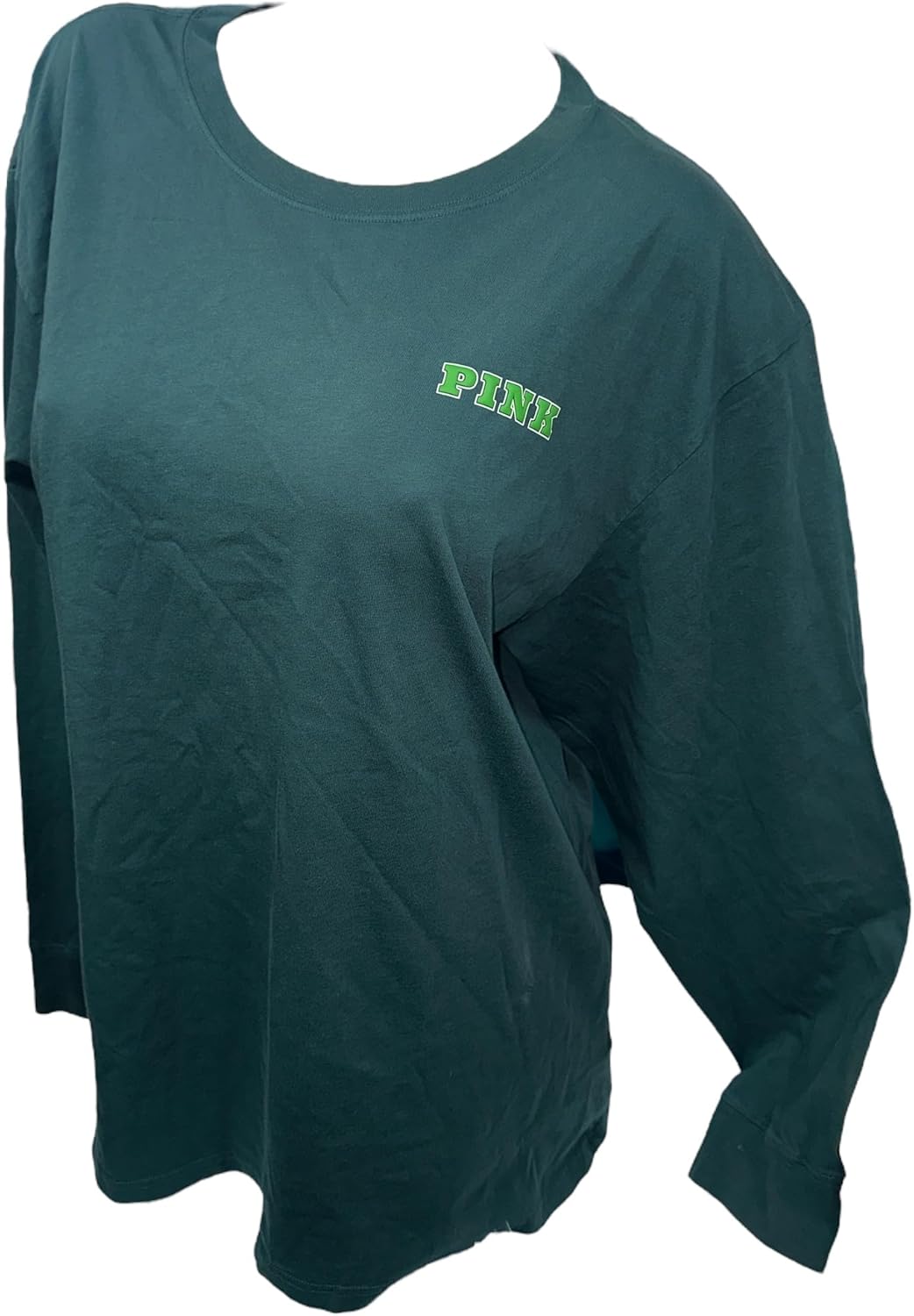 

Футболка Victoria's Secret Pink Cotton Campus с длинным рукавом, свободного кроя, цвет зеленый, новая, Green Deep Forest Crest