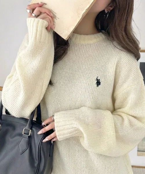 Свитер с круглым вырезом U.S. POLO ASSN. шерстяной вязки с логотипом, цвет слоновой кости