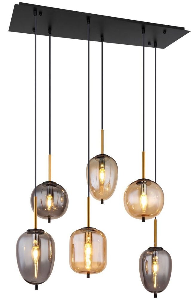 

[T] Подвесной светильник Globo Lighting металл черный матовый, алюминий латунь матовый, стекло дымчатое, янтарный, кабель ПВХ черный, высоту можно укорачивать, направление света: вниз, 4 разные формы стекла и 2 цвета, ДхШхВ: 800х340х1200мм, без...