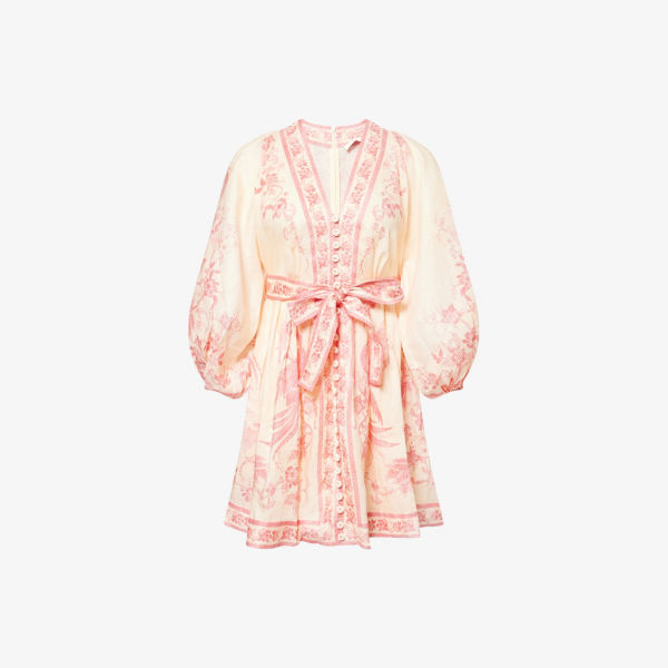 

Счастливое мини-платье из льна с глубоким вырезом Zimmermann, бежевый