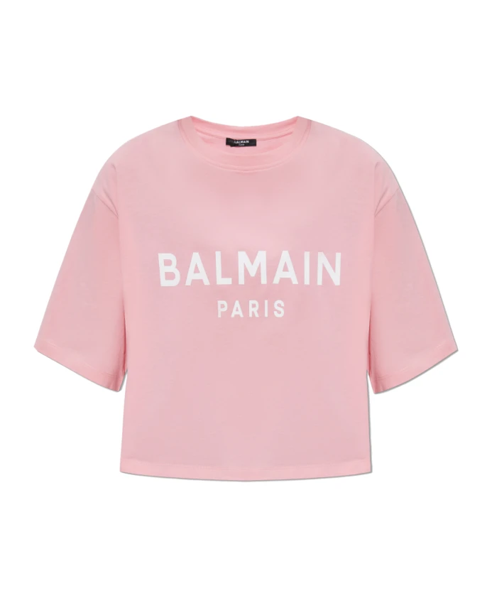 

Короткая футболка с принтом логотипа Balmain, розовый
