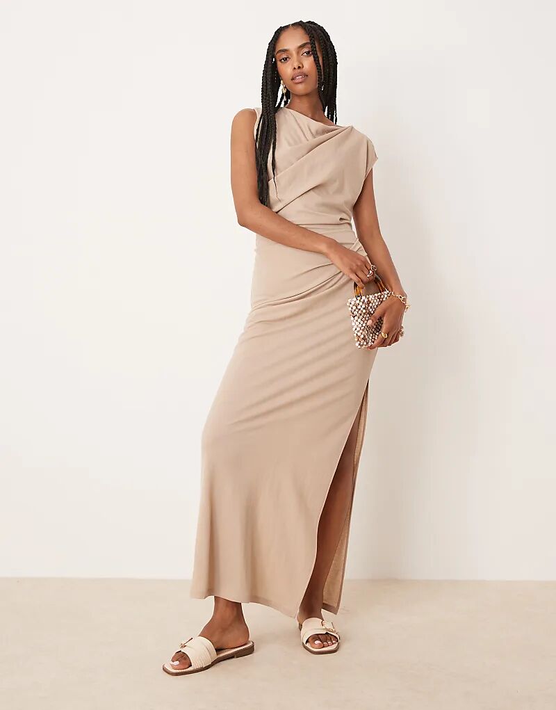 

Платье миди ASOS DESIGN цвета хаки с драпировкой и перекрученными плечами, имитирующим льняной материал