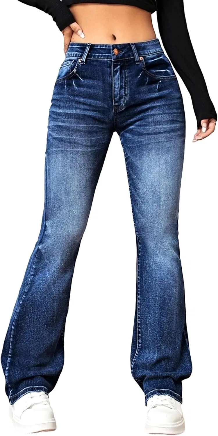 Джинсы клеш Womens Barrel Jeans High Waist Stretch Denim Pants, Dark Blue