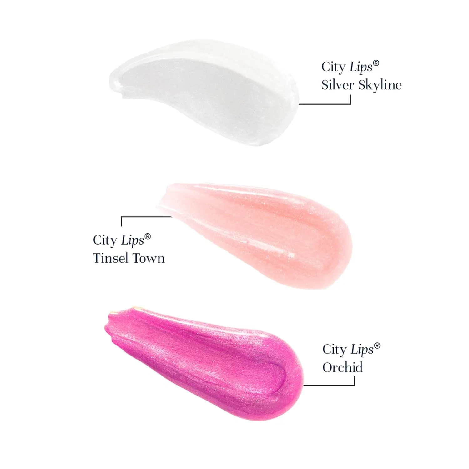 City Beauty City Lips Diamond Daze набор - Silver Skyline 4,5 г, Tinsel Town 4,5 г, Orchid 4,5 г - тройка блесков для губ с шиммером и эффектом увеличения с гиалуроновой кислотой и пептидами — фото 2