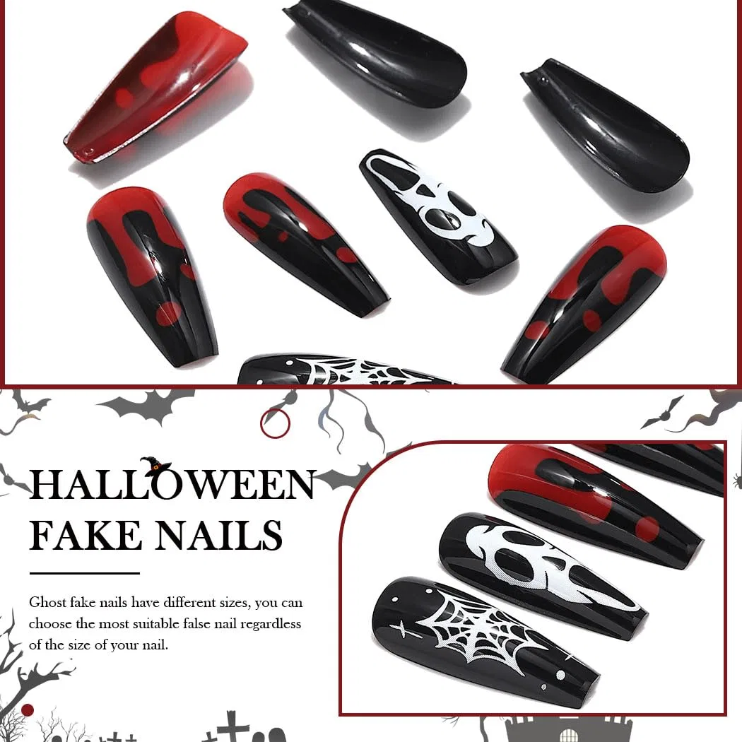Длинные накладные ногти Coffin Halloween Black Red Press On Ghost, 24 шт. Handcess, A — фото 4