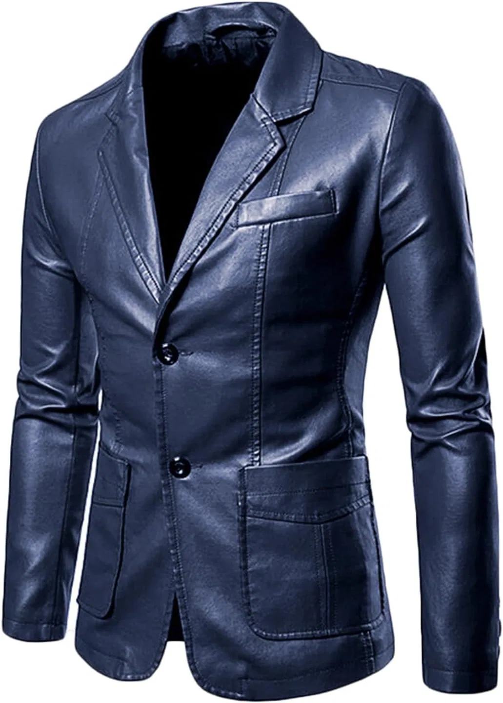 GPCHAN мужская куртка-блейзер из искусственной кожи Slim Fit с двумя пуговицами, карманами и приталенным кроем Generic, синий
