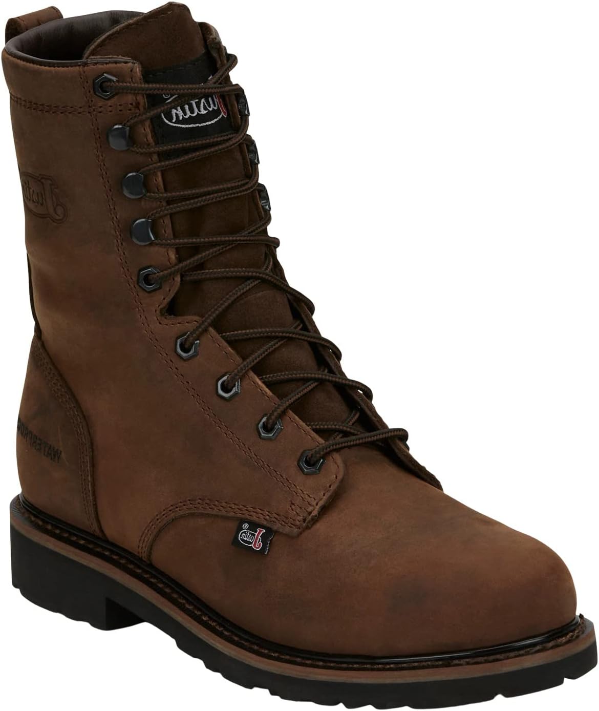 

Мужские рабочие ботинки Justin Drywall 8" - коллекция Stampede - водонепроницаемая кожа полного зерна, с электрозащитой, с круглым носком, коричневый