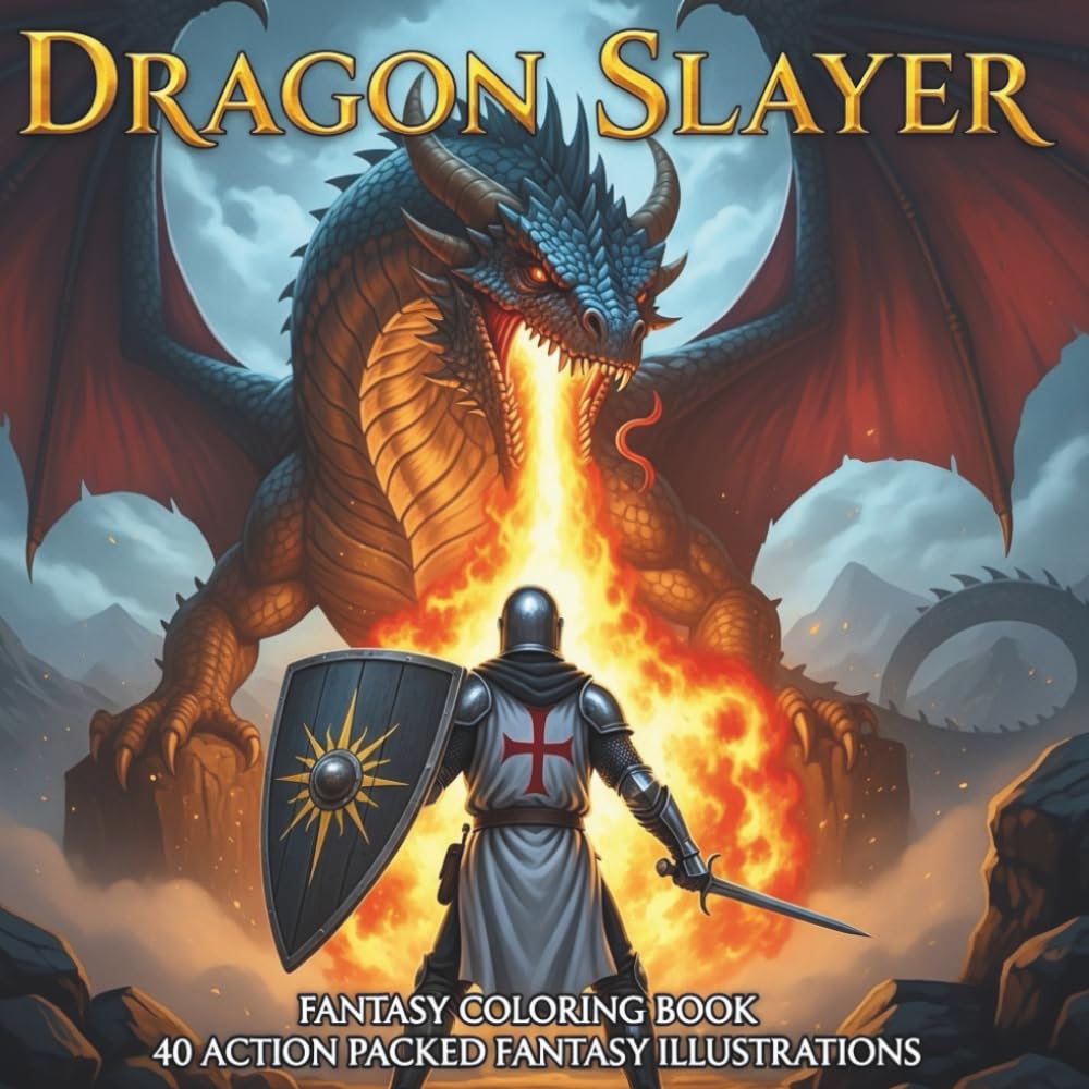 

Dragon Slayer Fantasy Coloring Book for Adults and Teens: 40 Action-Packed Illustrations of Epic Dragons, Fierce Battles, and Legendary Fantasy Realms (Ancient Myths And History Coloring Collection) (Independently published)