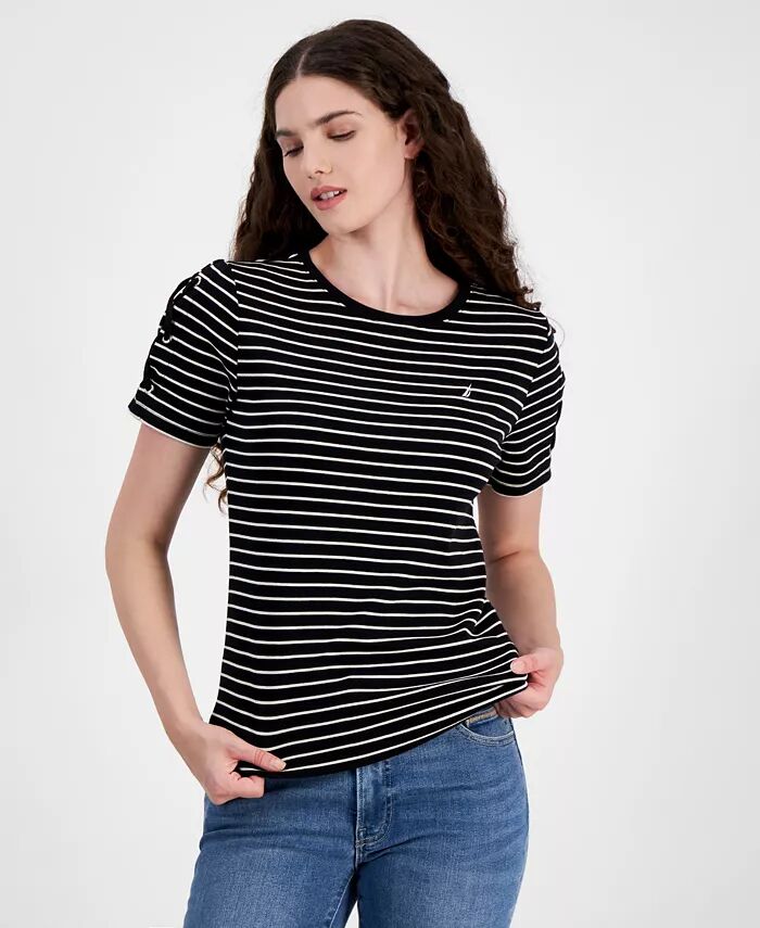 

Женская полосатая футболка со шнуровкой и коротким рукавом Nautica Jeans, черный