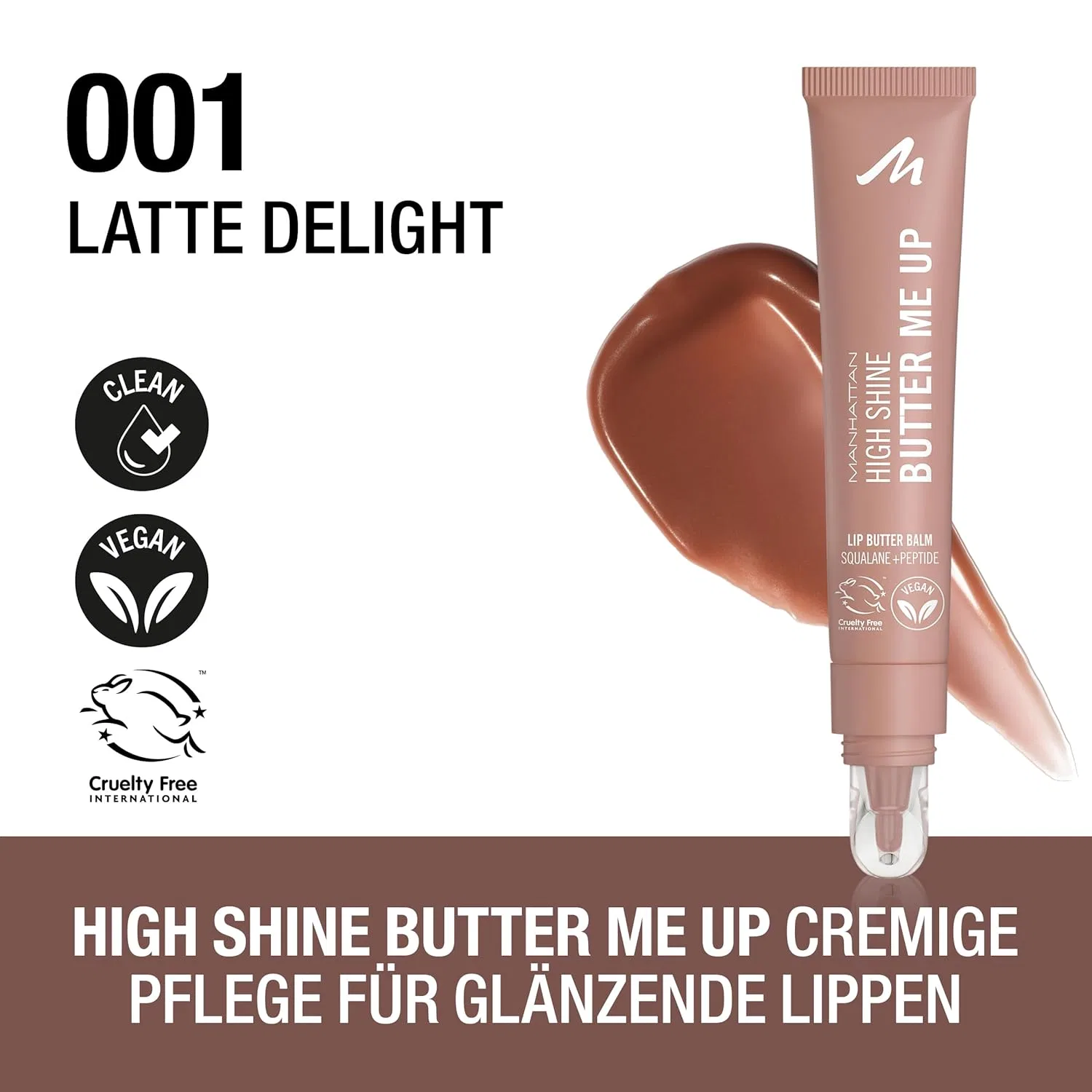 Тинтованный бальзам для губ «High Shine Butter Me Up Lip Butter Balm» от Manhattan, оттенок 001 Latte Delight Manhattan, 001 Latte Delight — фото 3