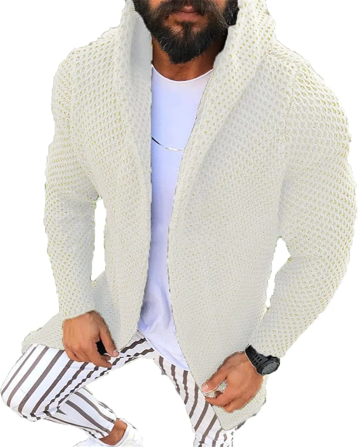 

Мужской кардиган с капюшоном и воротником-шалью, вязаный, теплый, с рубчиком Kaxiya2021