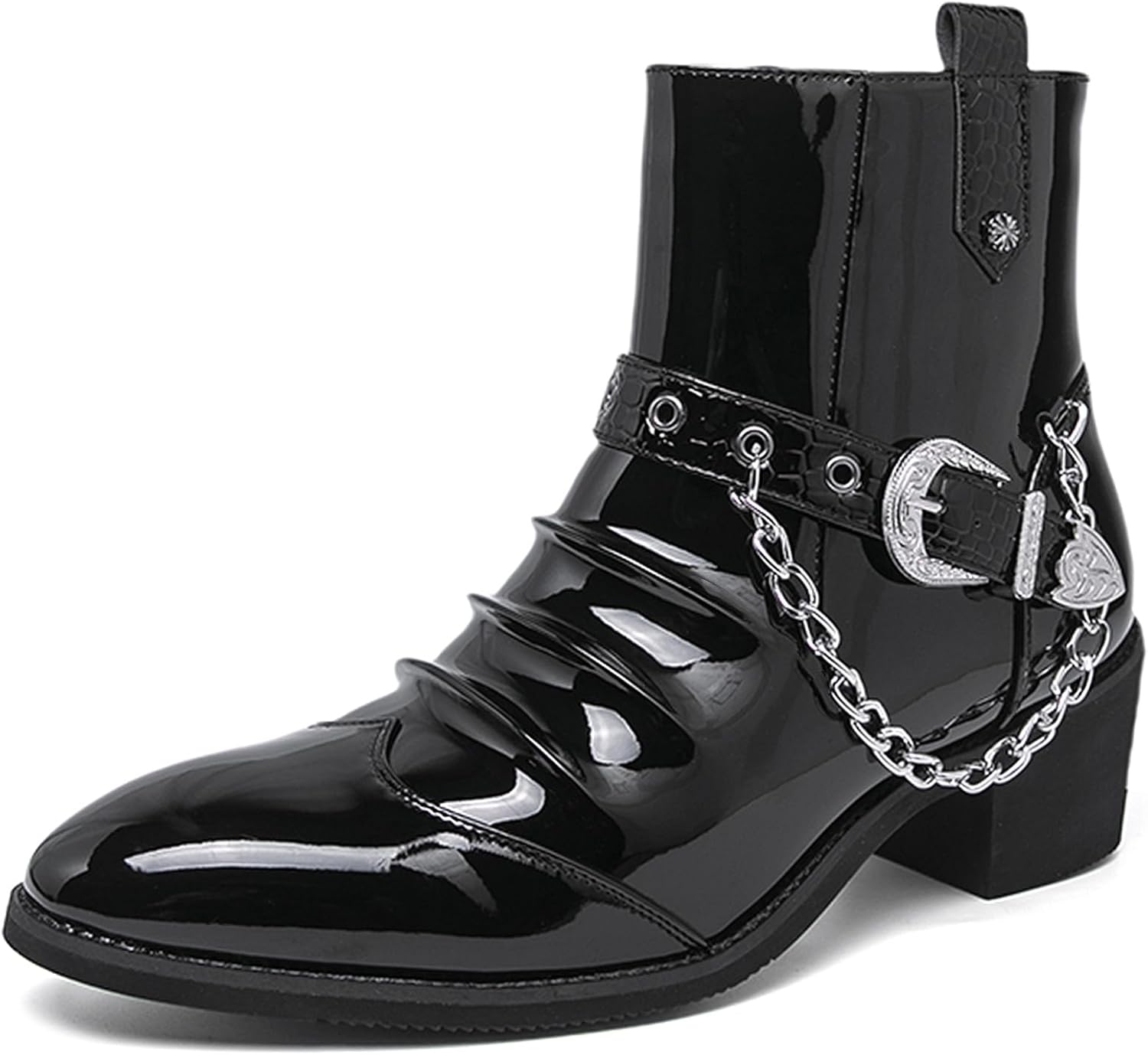 

Мужские ботинки Челси на массивном каблуке из лакированной кожи с боковой молнией, пряжкой, металлической цепочкой, модные плиссированные, удобные высокие ковбойские сапоги в западном стиле для свадьбы, вечеринки, дискотеки, бального танца Qijoz...