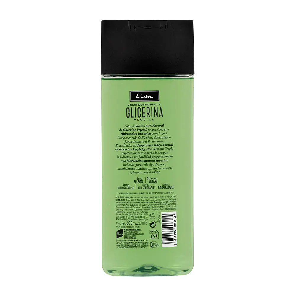 Гель для душа Jabón 100% natural glicerina y aloe vera Lida, 600 мл. — фото 2
