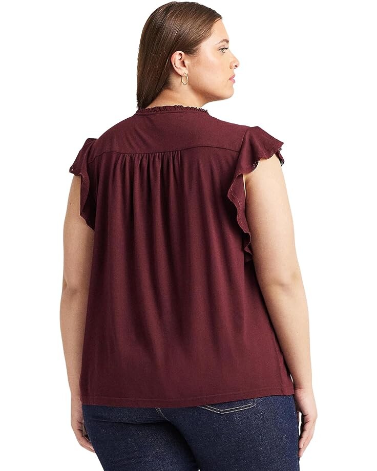 

Блуза LAUREN Ralph Lauren Plus Size Lace-Trim Jersey Flutter-Sleeve Blouse, цвет Vintage Burgundy