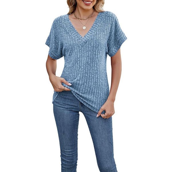 

Женская повседневная рубашка v-neck свободного кроя с коротким рукавом Boddysize, Blue
