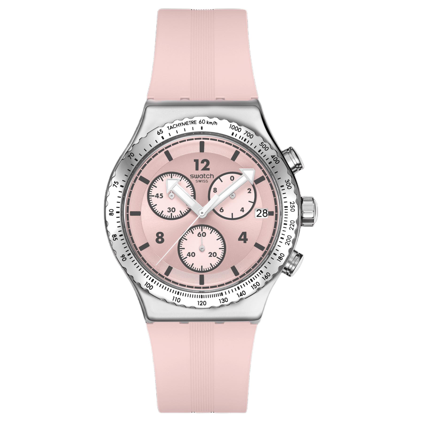 

SWATCH Часы Essentials Collection Quartz Movement Unisex Watch 43mm Pink Watch Dial Stainless Steel Case Silicone Strap, Pink Watch Dial