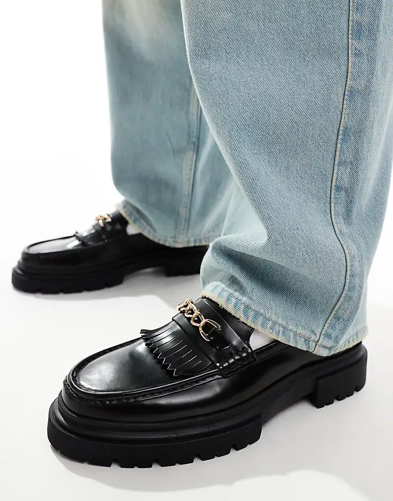 

Массивные мокасины из черной кожи с бахромой и трензелем ASOS DESIGN