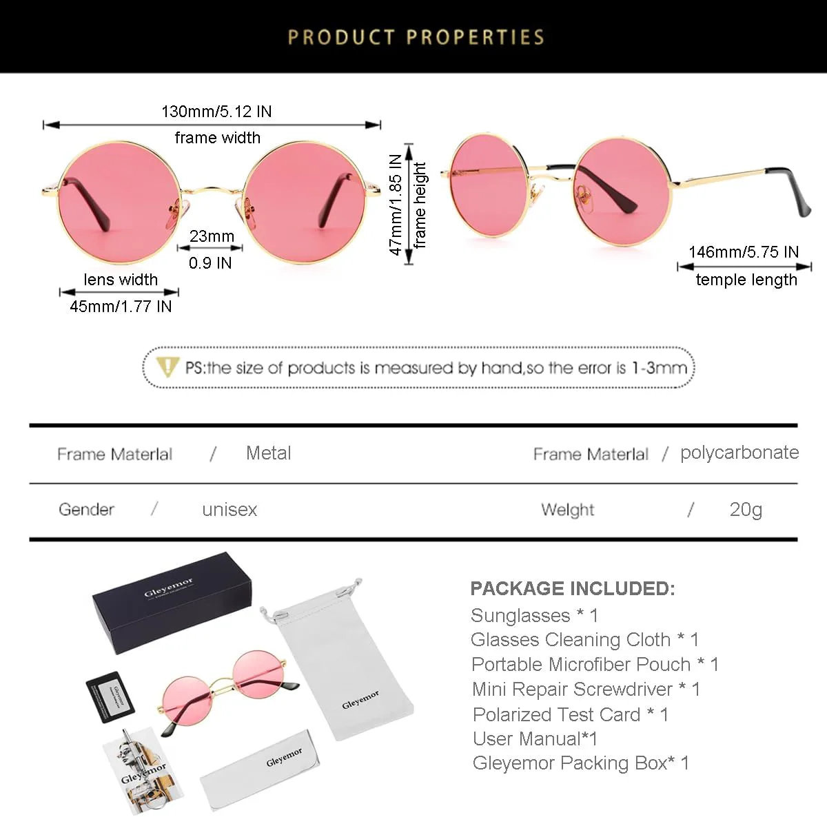 

Поляризованные круглые солнцезащитные очки Gleyemor для мужчин и женщин в стиле хиппи, маленькие круглые очки с красными и желтыми линзами, 06 Gold/Clear Pink