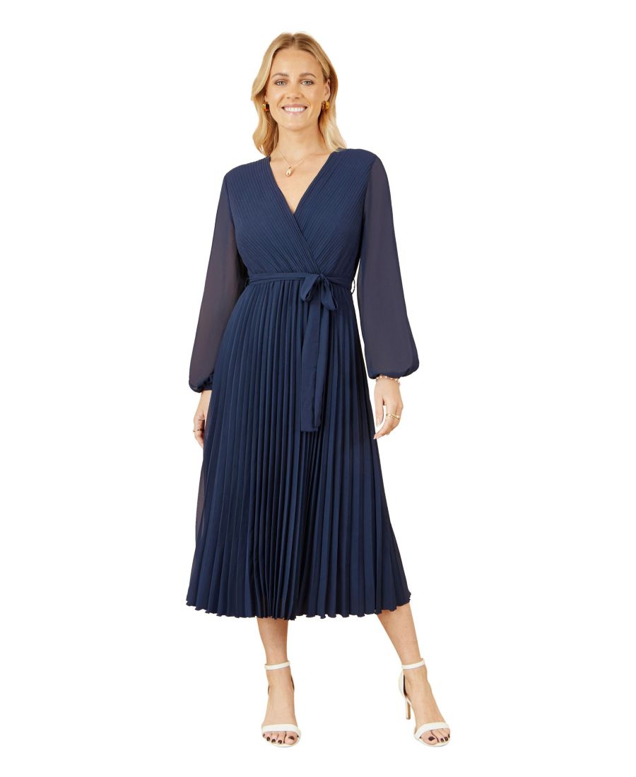 

Женское миди-платье с длинными рукавами и плиссировкой, с запахом Yumi, Navy