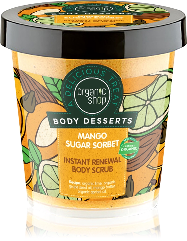 

Десерты для тела, сорбет из манго и сахара, омолаживающий сахарный скраб для тела Organic Shop, 450 мл