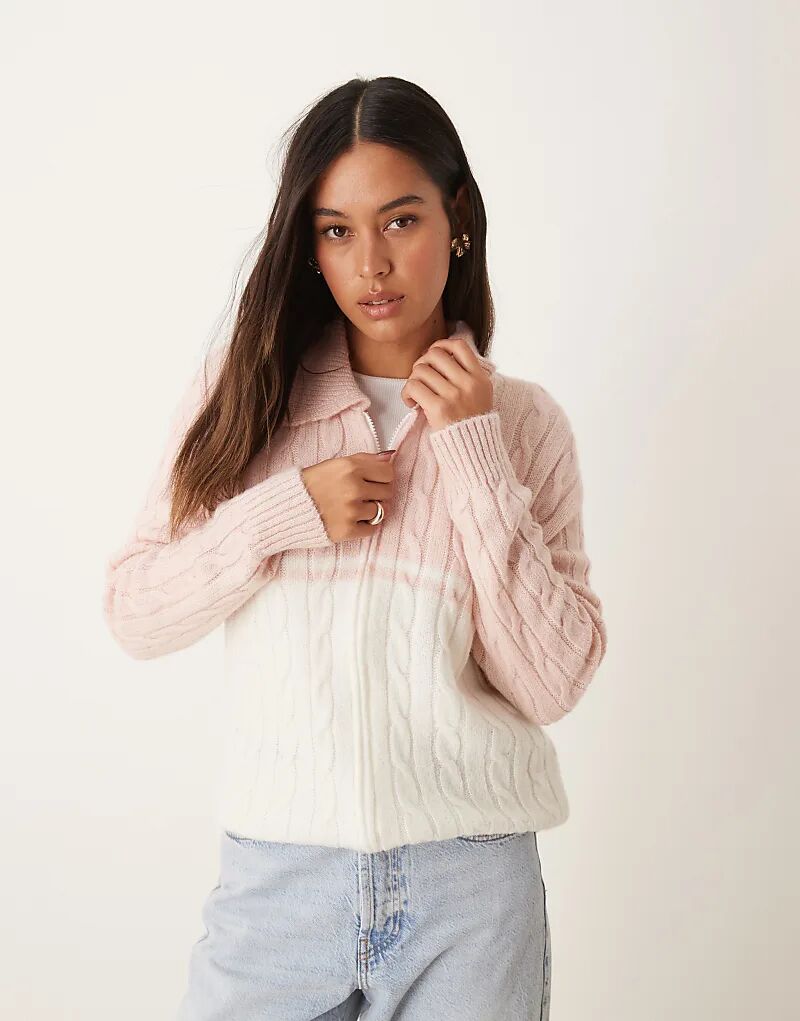 

Куртка на молнии с косичной вязкой розового и экрю цвета ASOS DESIGN