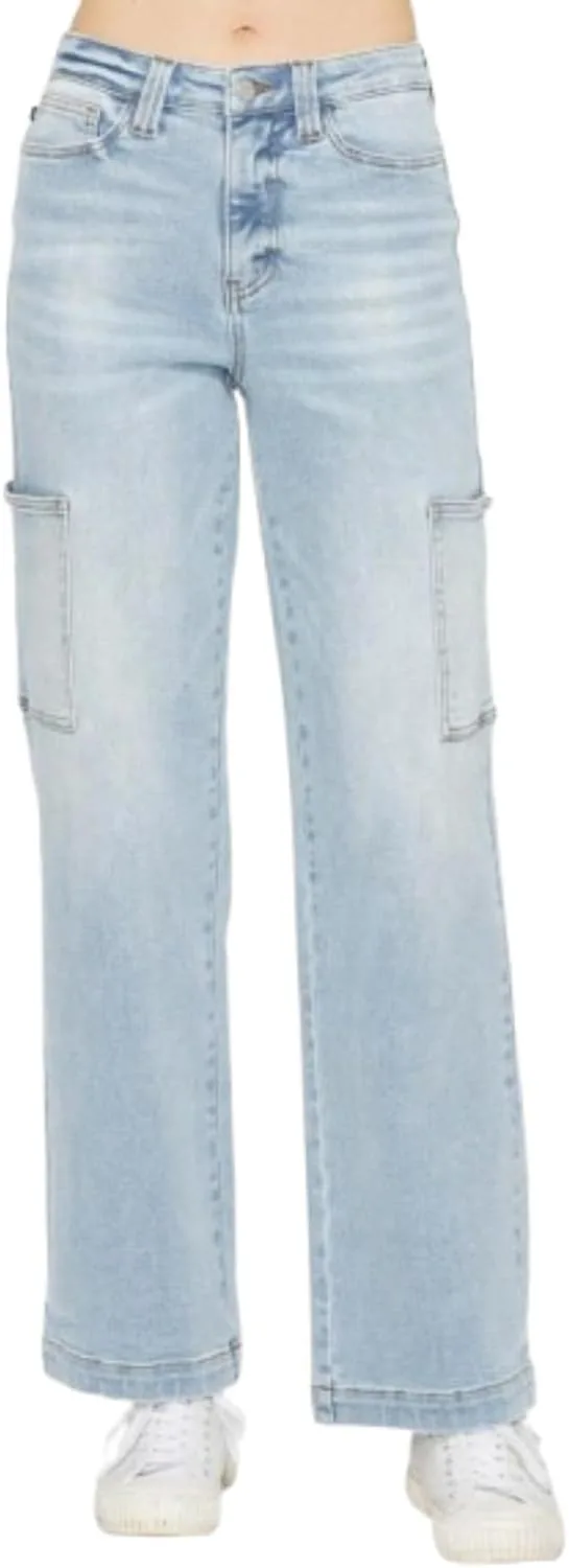 

Judy-B женские повседневные карго-джинсы с высокой талией и прямыми штанинами, washed light blue denim Yanhoo