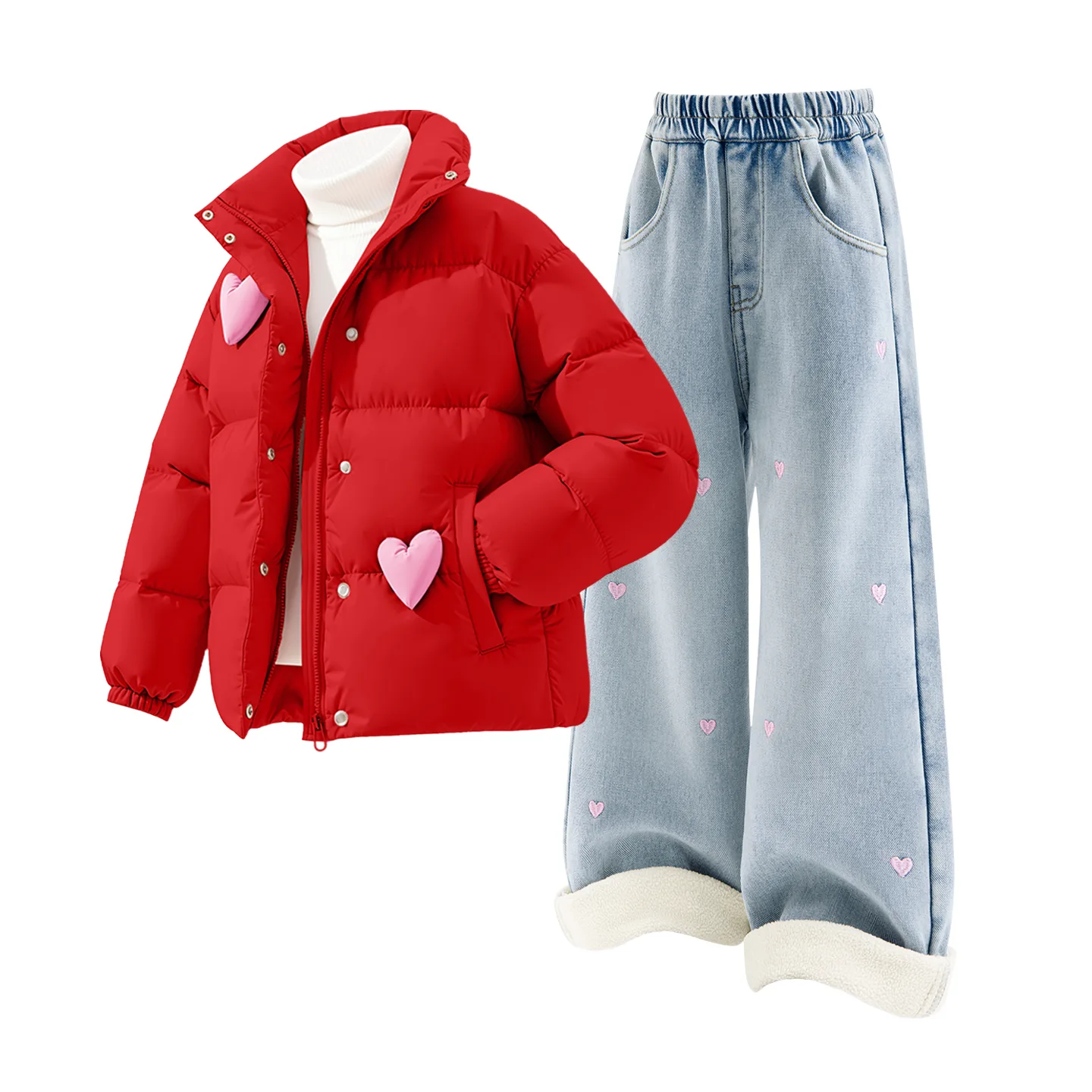 Детская спортивная одежда с воротником стойкой на флисе Disney, [Thickened and Fleece-Lined]Solid Color Red+Solid Color Denim Light Blue