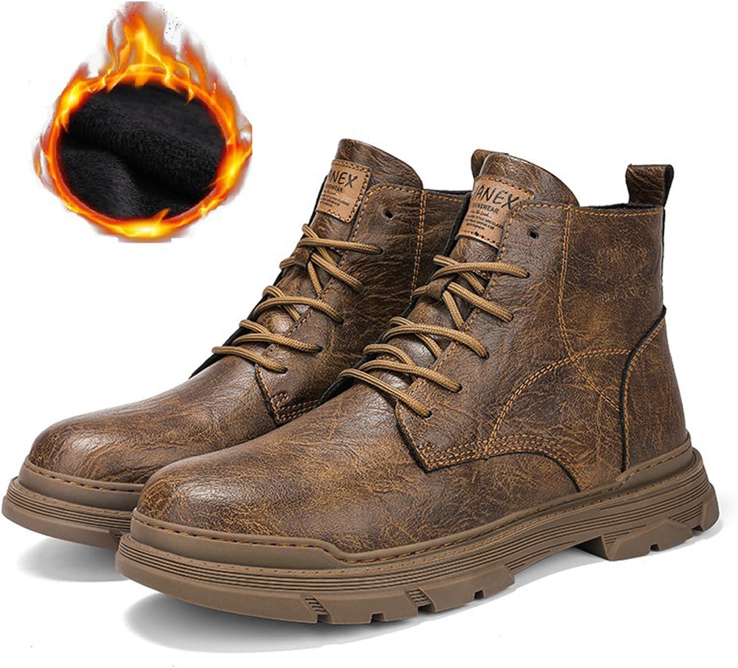 

Мужские кожаные байкерские боевые ботинки с шнуровкой, ретро с круглым носком, подошва с протектором, черевики чукка до щиколотки, повседневные, водонепроницаемые, оксфорды, ботинки Nouriron, Brown-plus Velvet