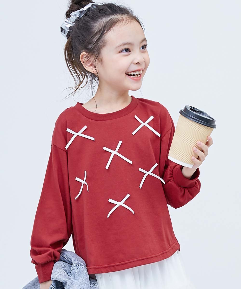 Детская футболка с длинными рукавами и закругленным низом Tokimeki Ribbon Round Hem Long Sleeve T-Shirt для девочек, размер 26SS Devirock, D-Red
