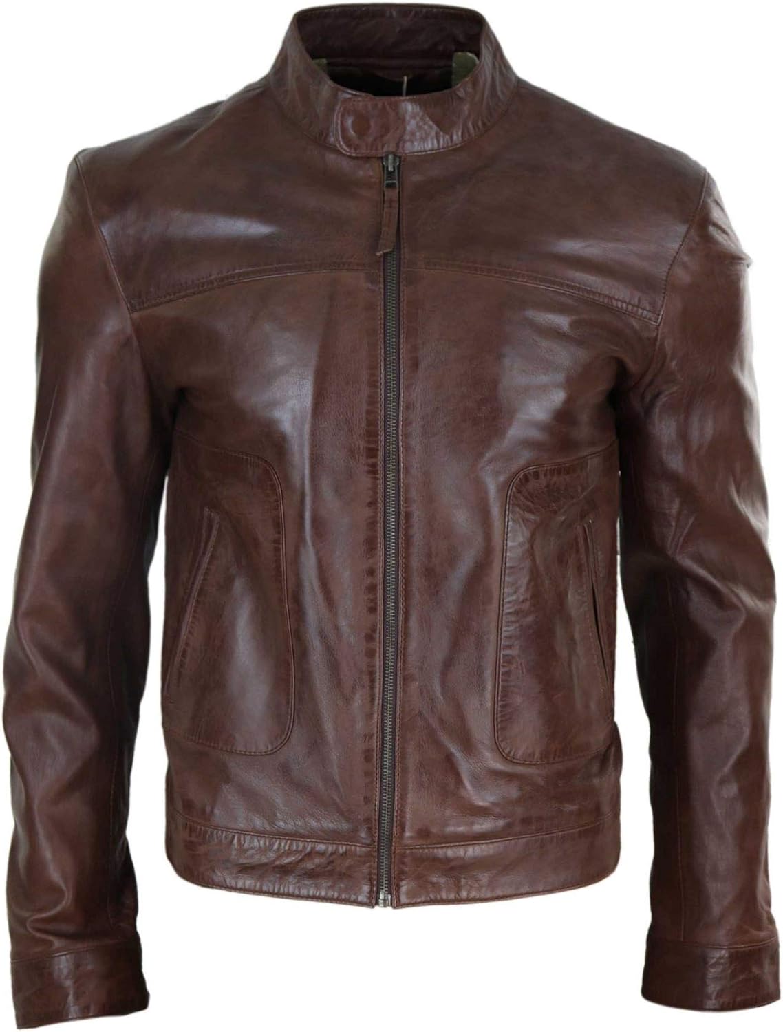 

Mens Classic Casual Genuine Leather Biker Style Jacket Collarless Retro Infinity Leather, коричневый