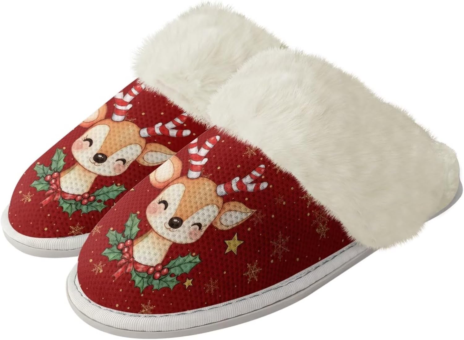 

Женские пушистые домашние тапочки BIGCARJOB для зимы, уютные плюшевые домашние тапочки с мягкой подошвой против скольжения, Christmas Reindeer