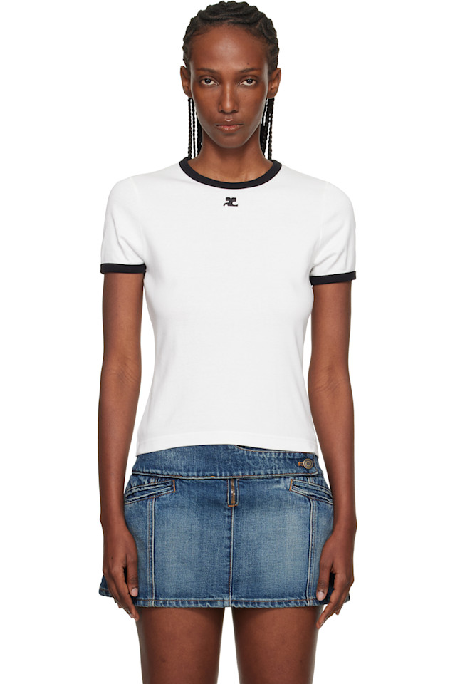 

Courrèges Белая контрастная футболка с фирменным рисунком, Белый, Courrèges Белая контрастная футболка с фирменным рисунком