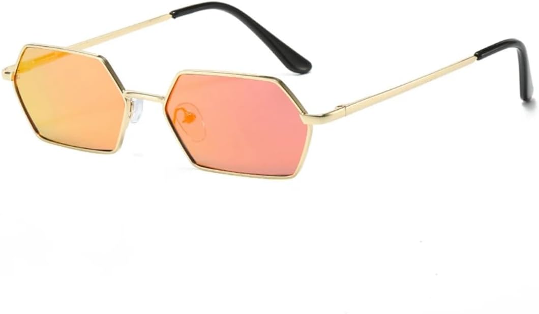 

Маленькие панк-солнцезащитные очки для женщин и мужчин в винтажном стиле, шестиугольная металлическая оправа, роскошные женские очки с защитой от УФ-излучения UV400 VFDHN, Gold Orange