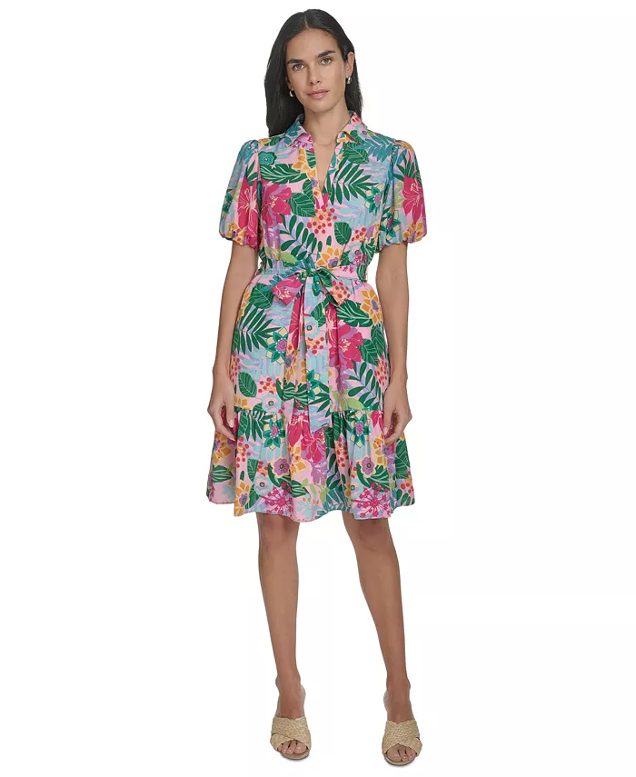 

Платье приталенное с поясом и расклешенной юбкой Petite Printed Tie-Waist Fit & Flare Jessica Howard, розовый