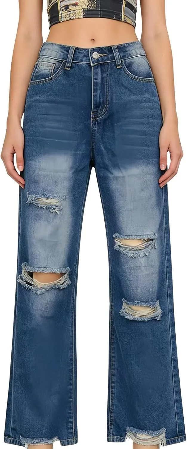 

Женские рваные джинсы high waisted wide leg