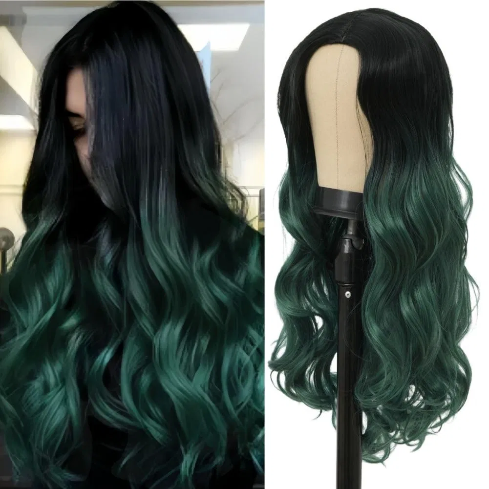 Женский длинный волнистый парик омбре черно-зеленый Siudus, Black Green