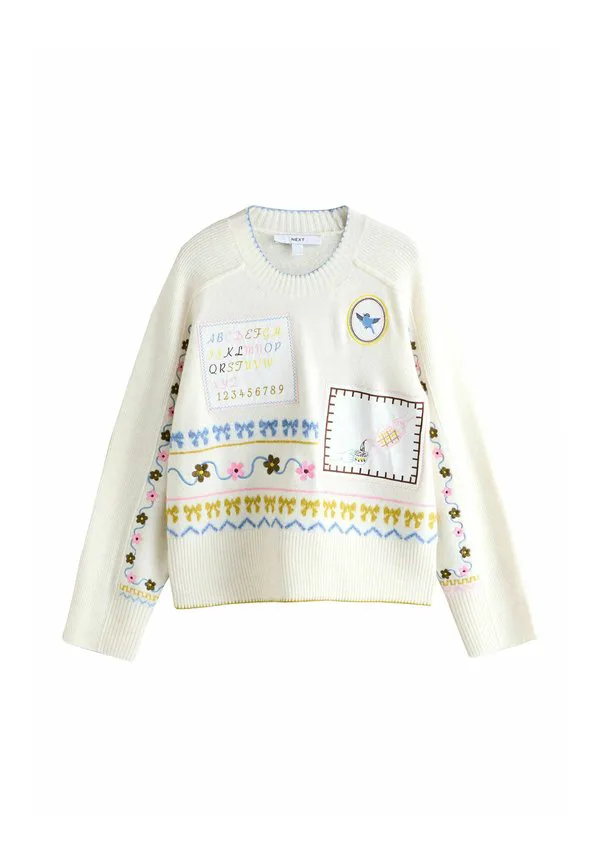 Джемпер с круглым вырезом, облегающий фигуру невысокого роста. Next, Ecru Embroidered