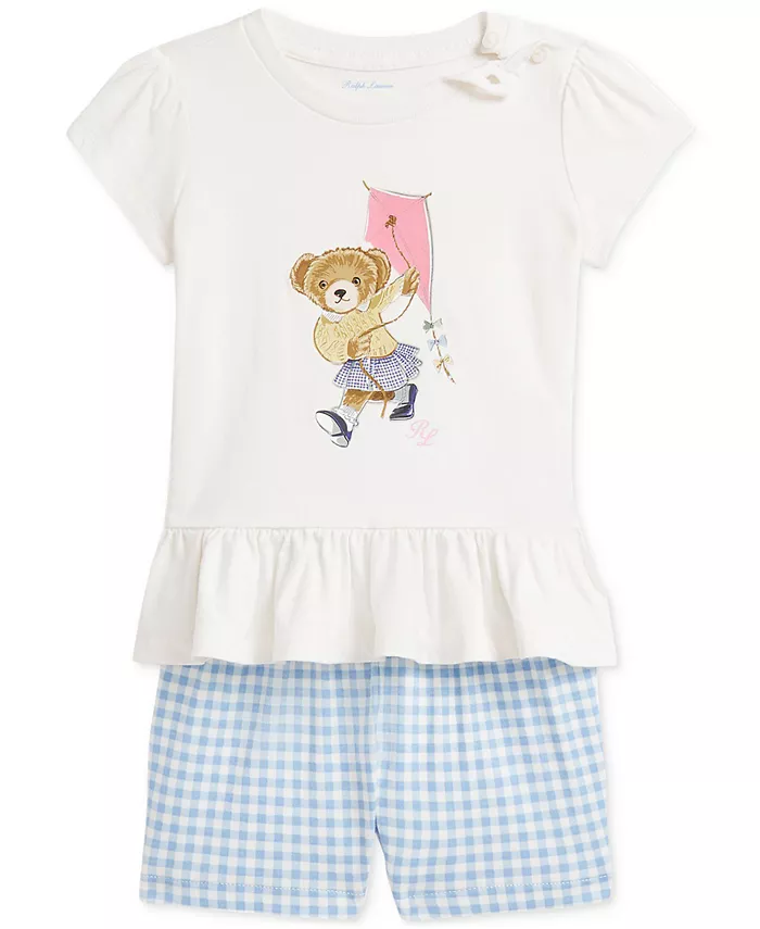 

Комплект для девочек: футболка с медвежонком Polo и шорты в клетку Polo Ralph Lauren, синий