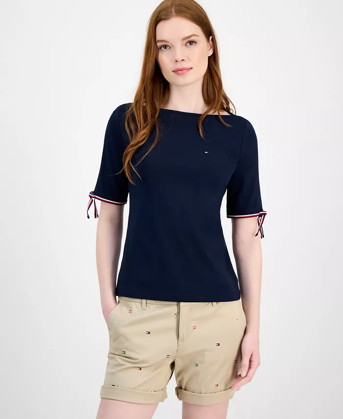 

Женская хлопковая футболка с лодочкой и завязками на рукавах Tommy Hilfiger, синий