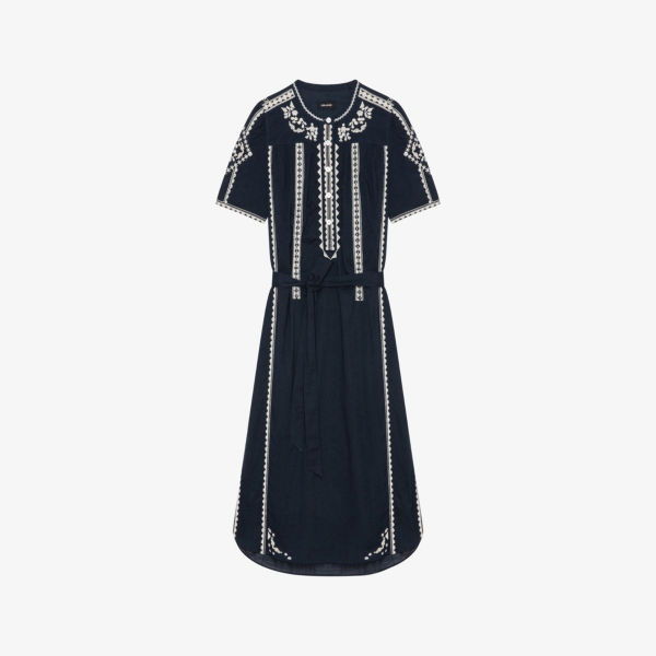 

Платье миди Zadig&Voltaire из органического хлопка с вышивкой, цветочным узором и пышными рукавами, сине-белый