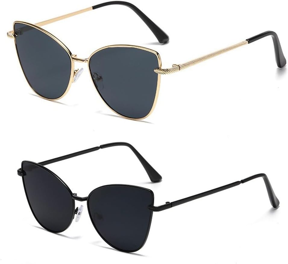 

Ретро металлические солнцезащитные очки в форме «кошачий глаз» в маленькой оправе для женщин, модные, в уличном стиле, декоративные, с защитой от УФ-излучения UV400 LOVQZAOF, 2pcs Gold Black