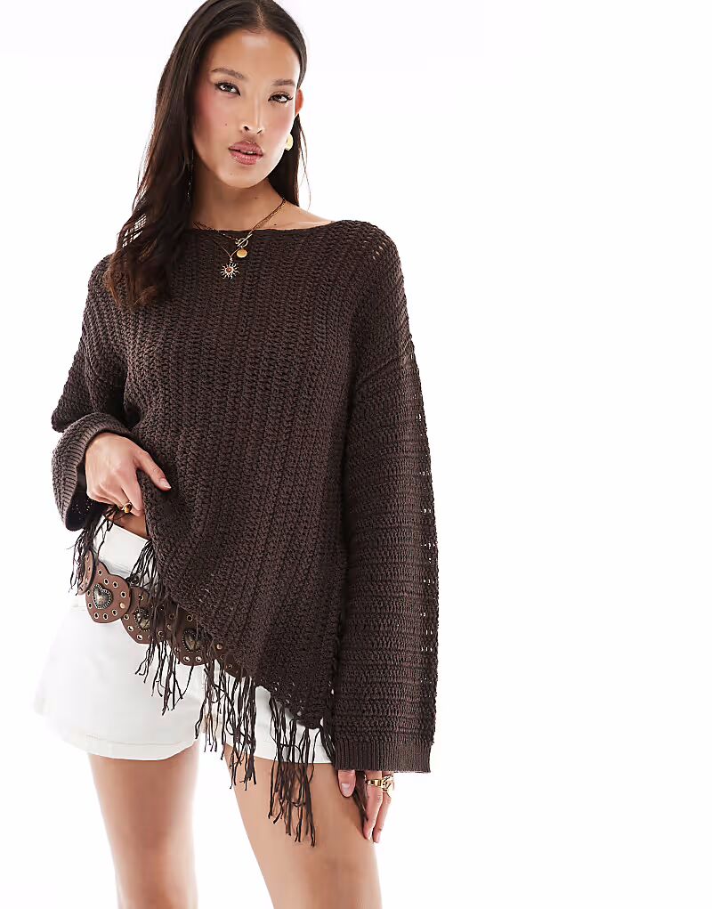 

Джемпер крупной вязки ASOS DESIGN шоколадно-коричневого цвета с вырезом на одно плечо и бахромой