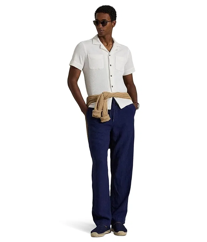 Рубашка Camp из вафельного хлопка и льна Waffle-Knit Cotton Linen Camp Shirt Polo Ralph Lauren, White/Navy/Red — фото 2