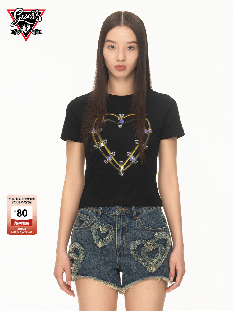 

Футболка женская облегающего кроя Guess с короткими рукавами и принтом, черный