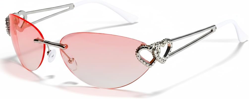 

Винтажные солнцезащитные очки FancyPink без оправы с двойным сердцем для женщин - обтекаемая оправа, модные очки в стиле Y2K 2000-х годов, A04-sliver Frame Pink Lenses