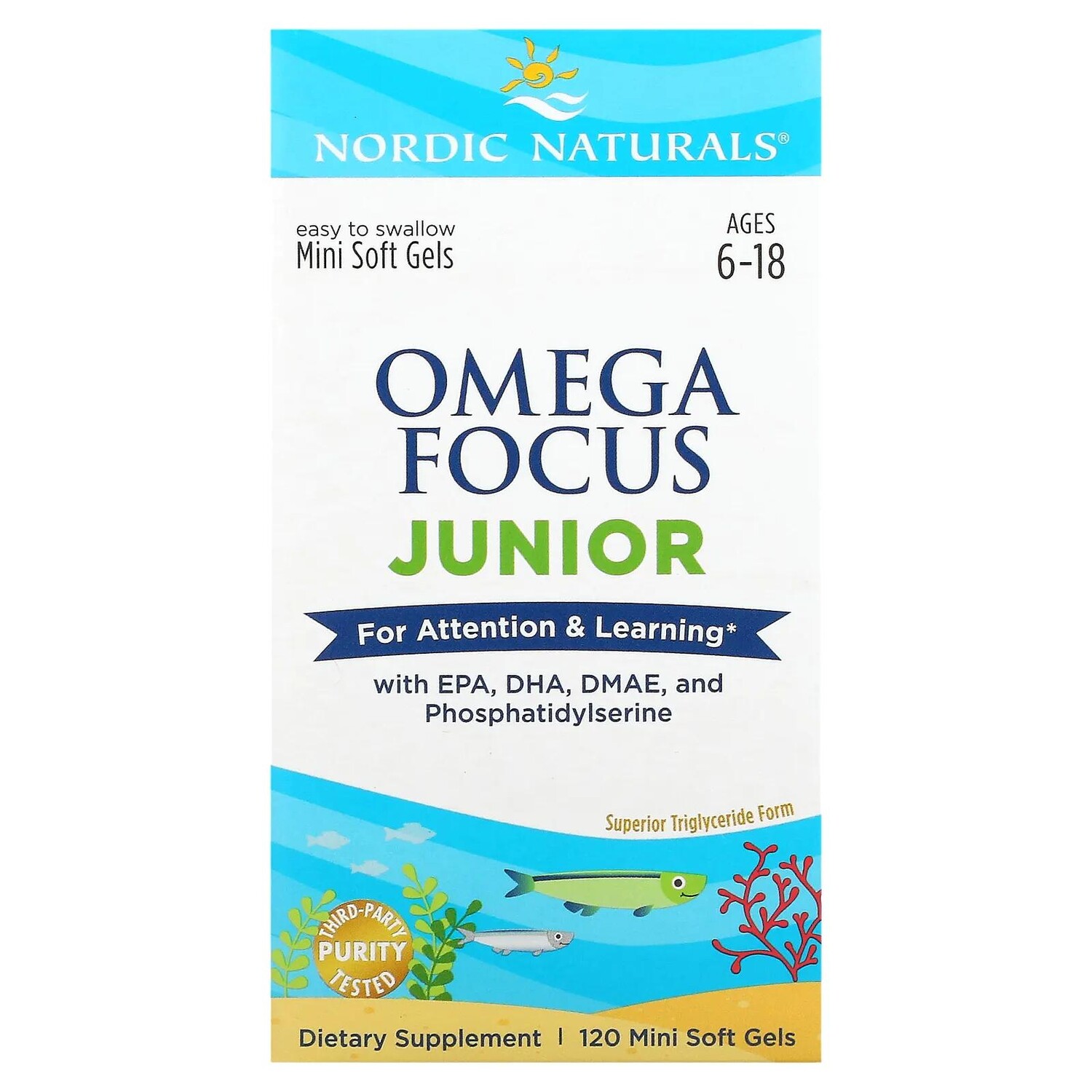 

Nordic Naturals Omega Focus Junior для детей 6–18 лет 120 мягких мини-таблеток
