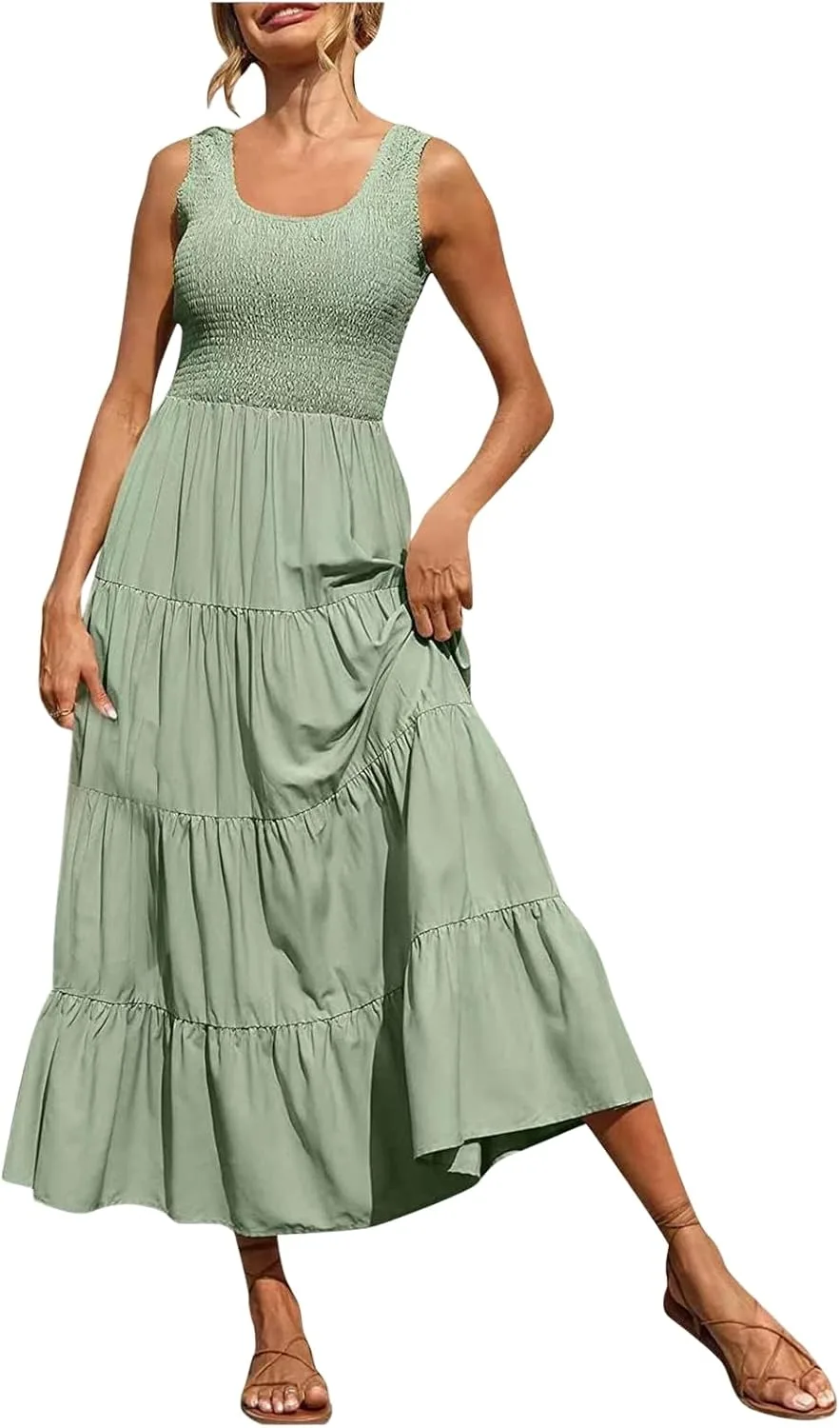 Женское летнее макси-платье Casual Boho без рукавов с майкой и круглым вырезом, плиссированное длинное платье с ярусами и рюшами для пляжа Generic, зеленый
