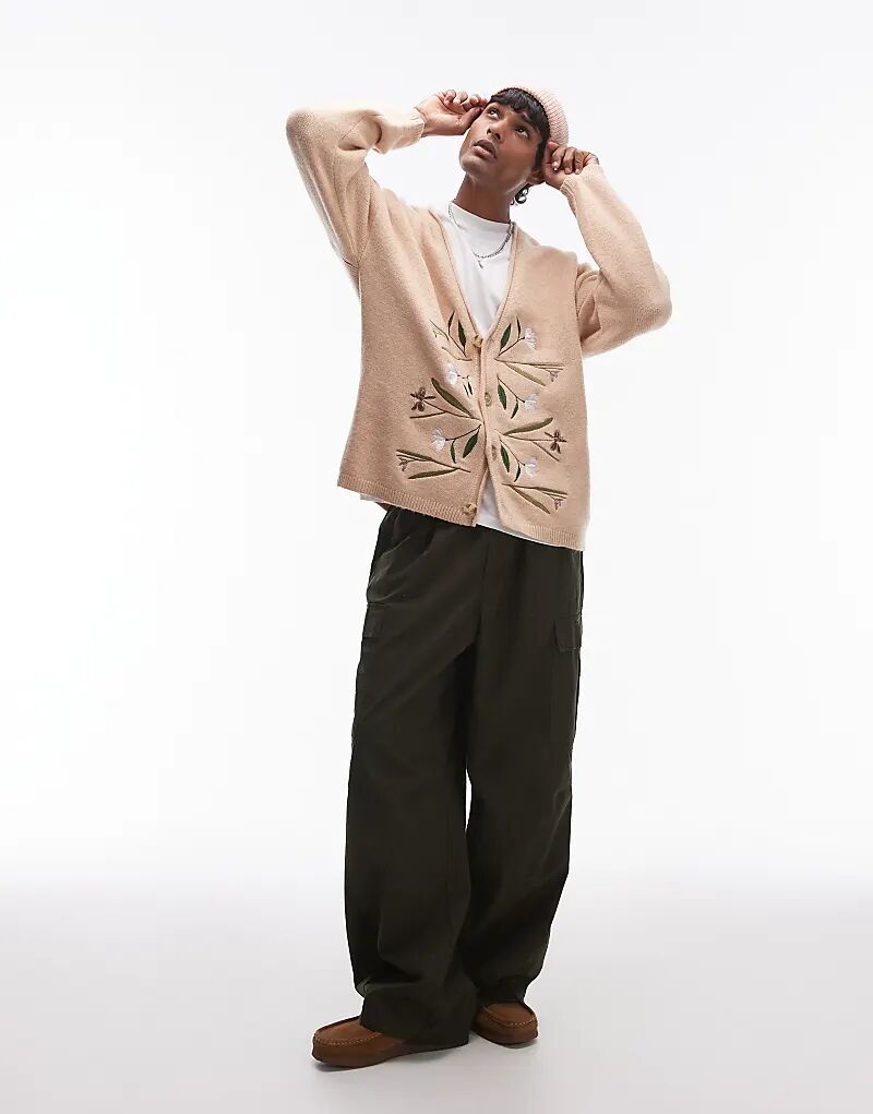 

Вязаный кардиган цвета экрю с цветочной вышивкой Topman