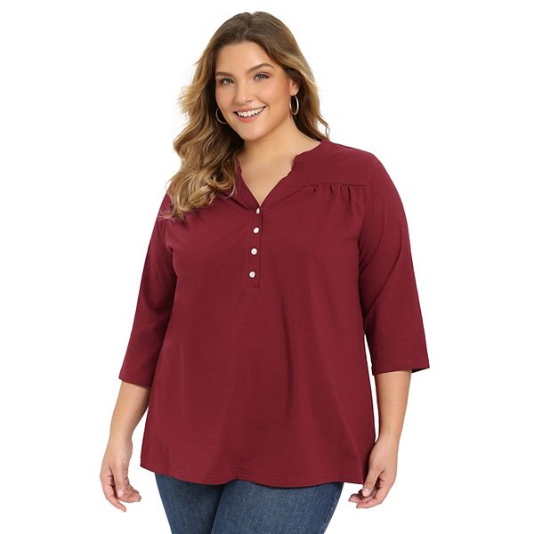 

Блуза Plus size для женщин с рукавом 3/4, воротник с вырезом, плиссированная, на пуговицах Grace & Grandeur, Burgundy