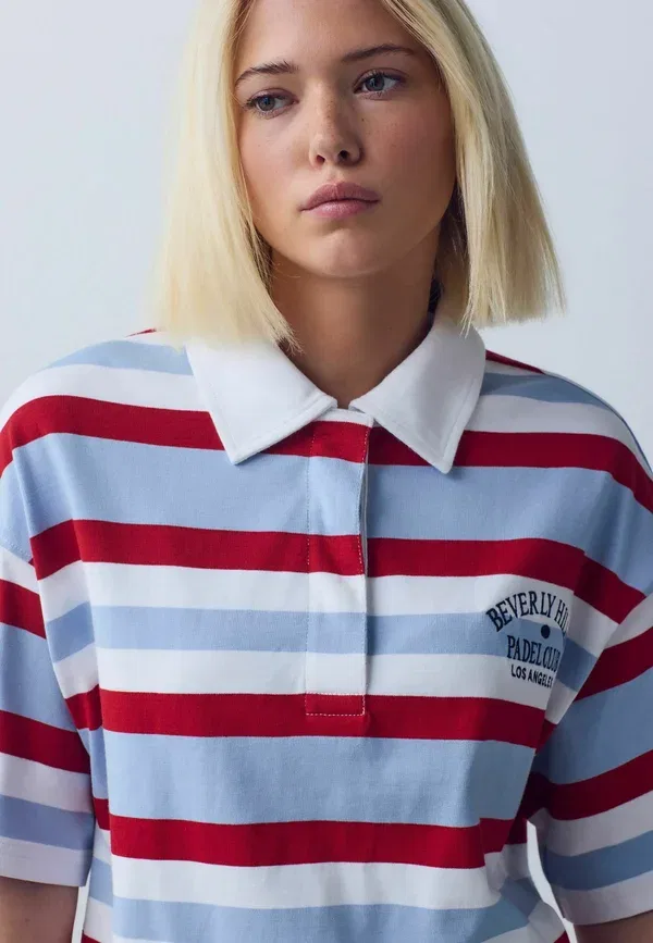 Футболка поло Next, Regular fit short sleeve striped rugby polo shirt, красный синий белый — фото 3